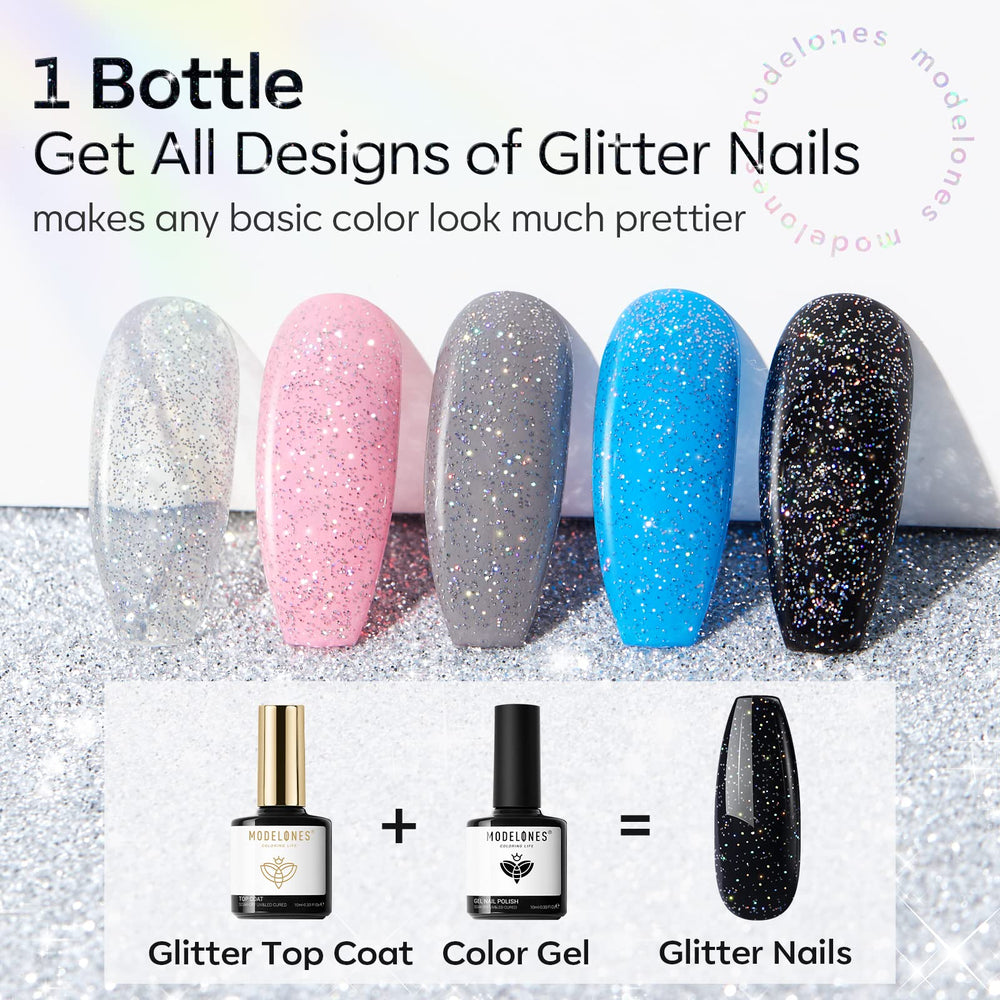 Modelones Glitter Top Coat no-wipe gloss for quick, clean applications