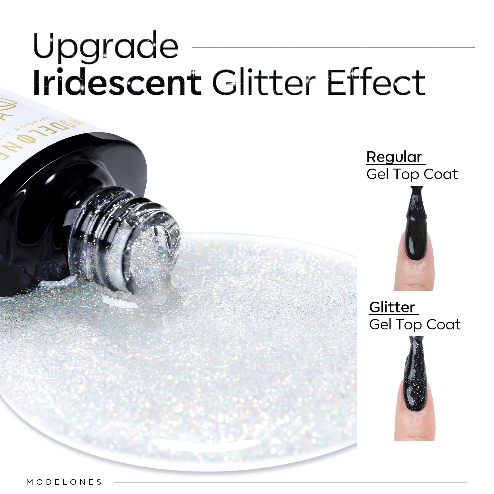 Modelones Glitter Top Coat rainbow shimmer finish for festive nails