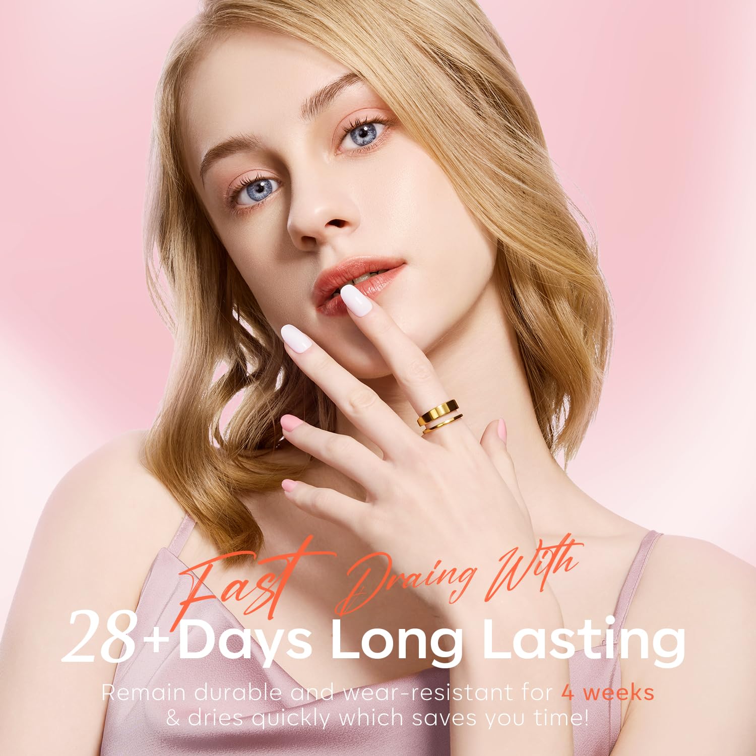 Modelones glossy translucent finish lasts up to 28 days.