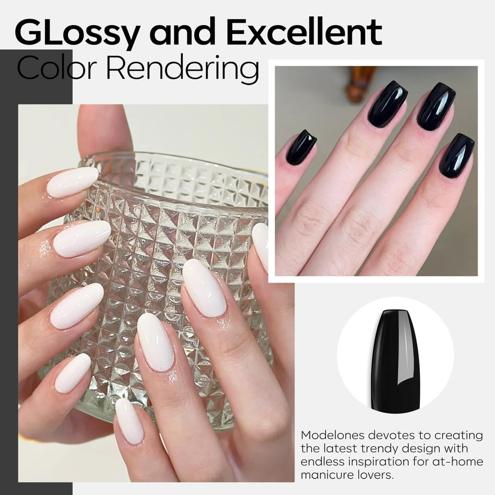 Modelones glossy nail finish under light shows long-lasting shine.