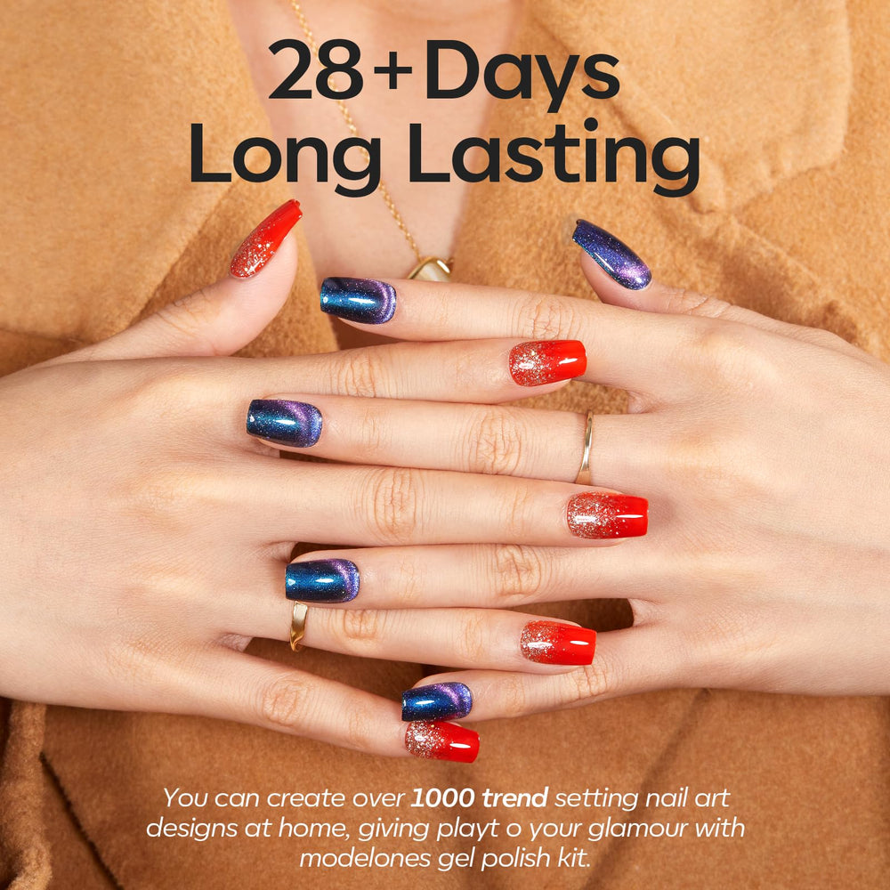 Modelones glossy top coat helps high-shine protection.