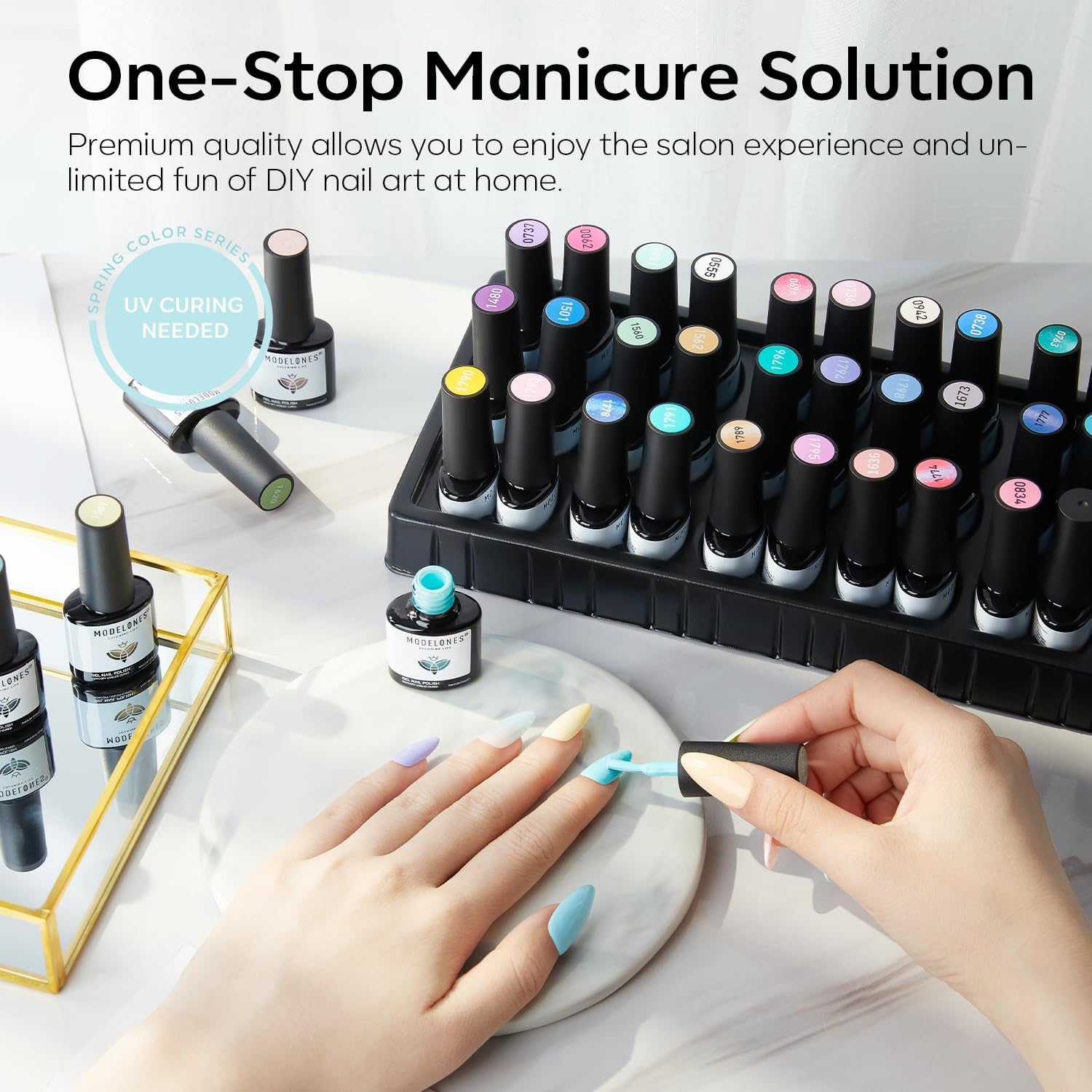 Modelones glossy top coat bottle delivers brilliant shine and protection.