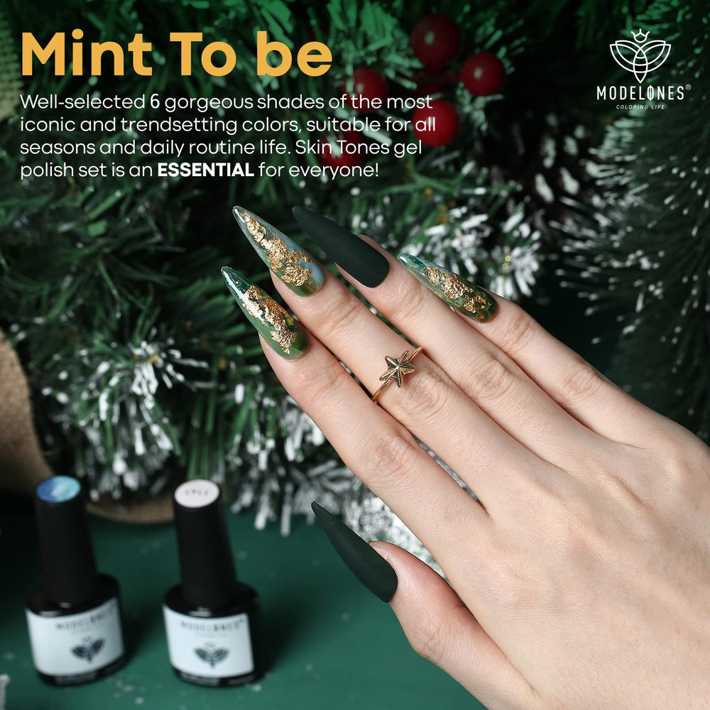 Modelones green glitter gel set displayed for versatile, on-trend gel manicures.