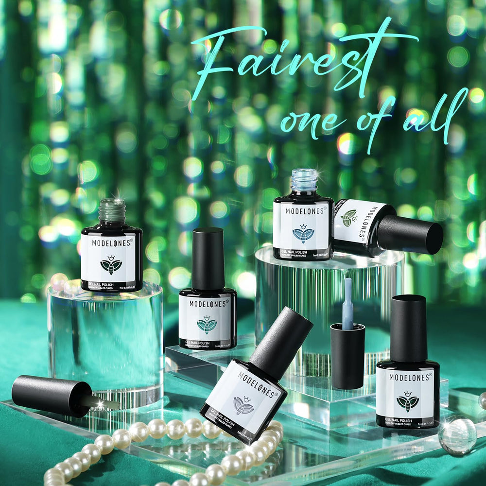 Modelones green-glitter gel polish swatch captures festive sparkle.
