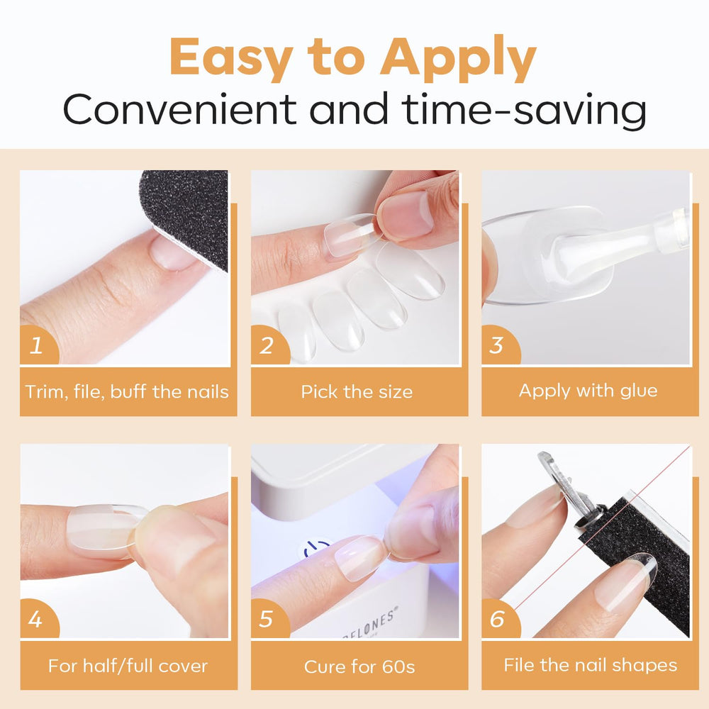 Modelones half-matte texture tips improve grip for secure adhesion.