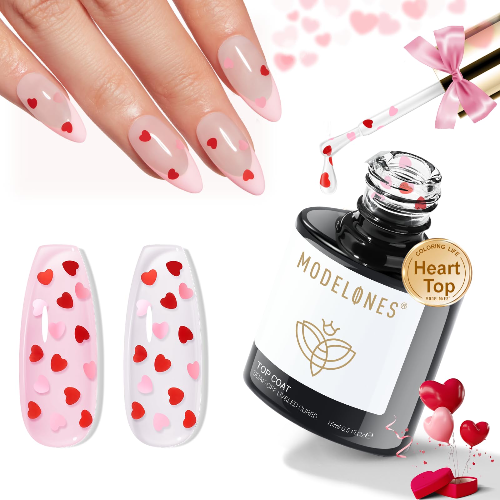 Modelones Heart Glitter Top Coat on nails with heart sequins for romantic sparkle