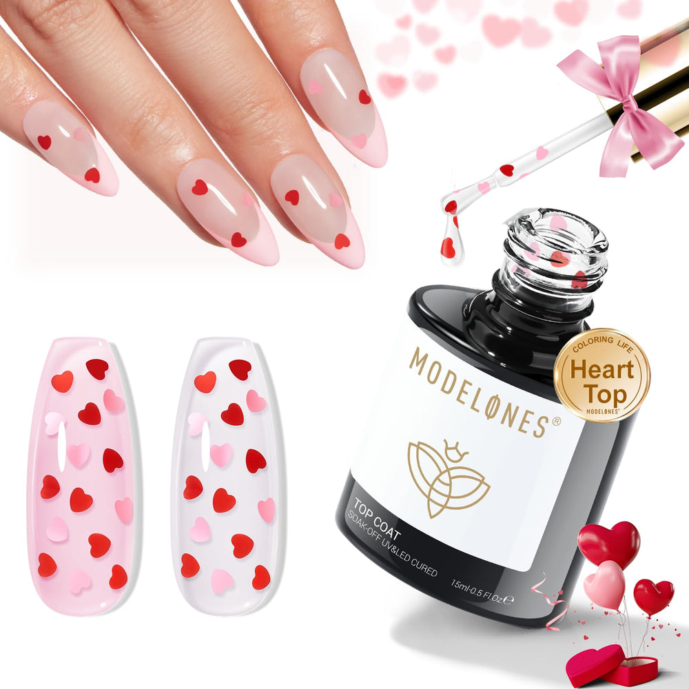 Modelones Heart Glitter Top Coat on nails with heart sequins for romantic sparkle