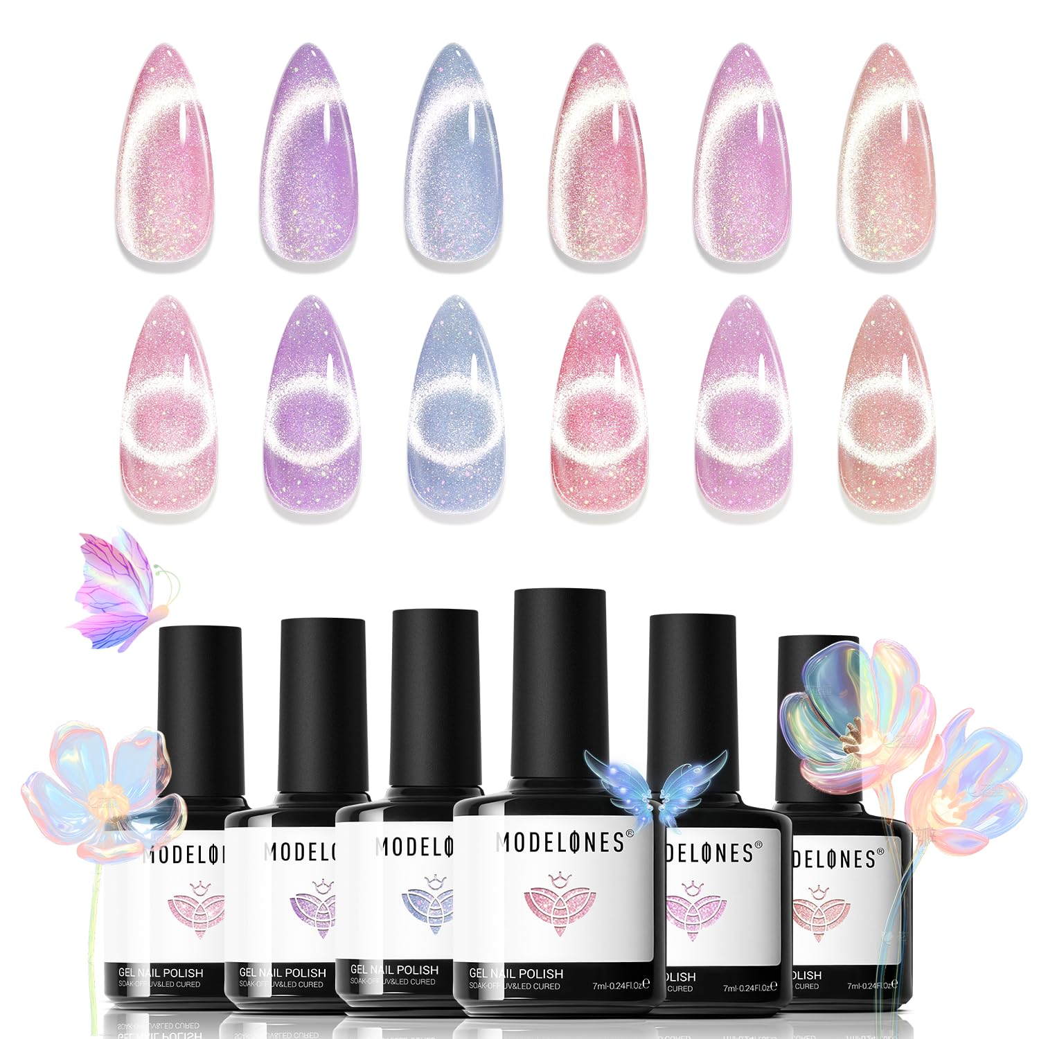 Modelones holographic glitter cat eye polish bottle with iridescent shimmer for chic nails