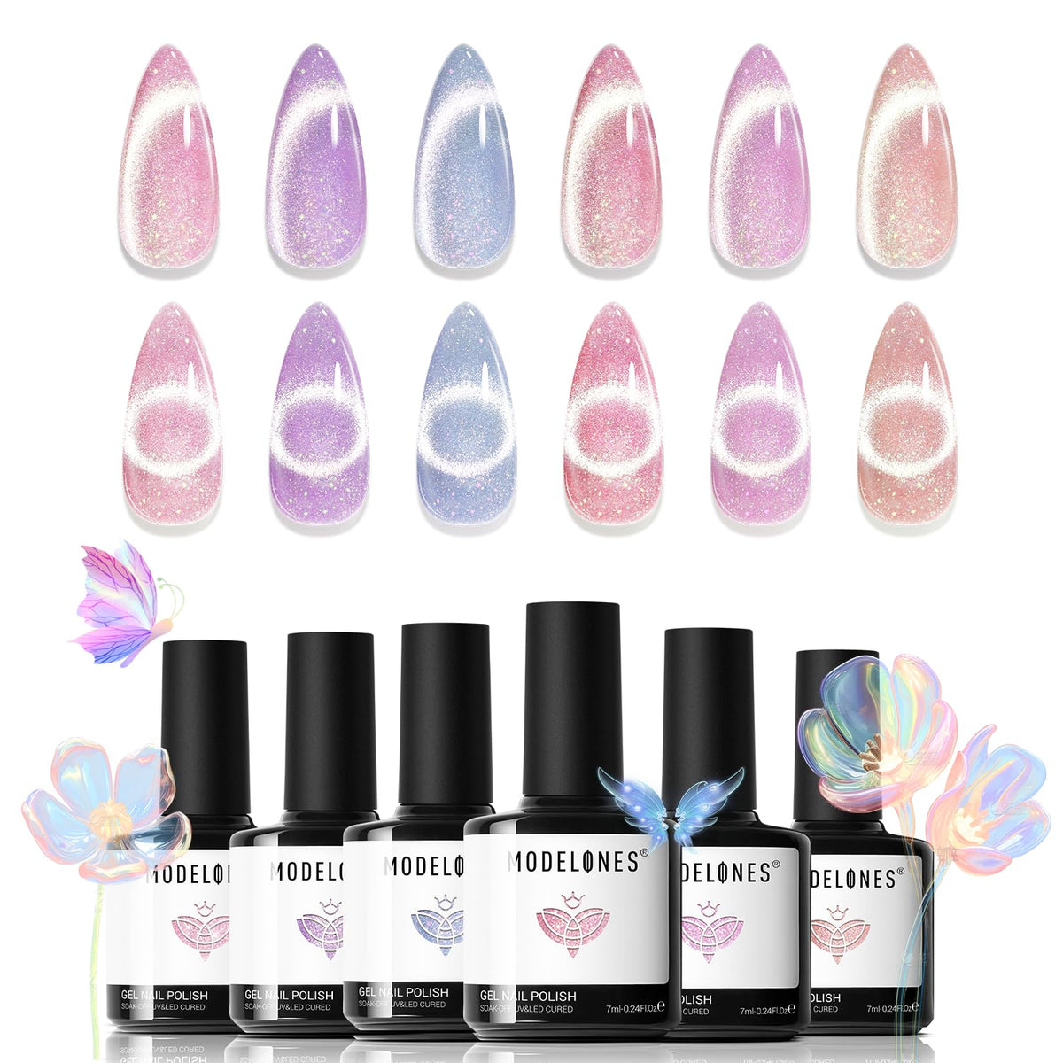 Modelones holographic glitter cat eye polish bottle with iridescent shimmer for chic nails