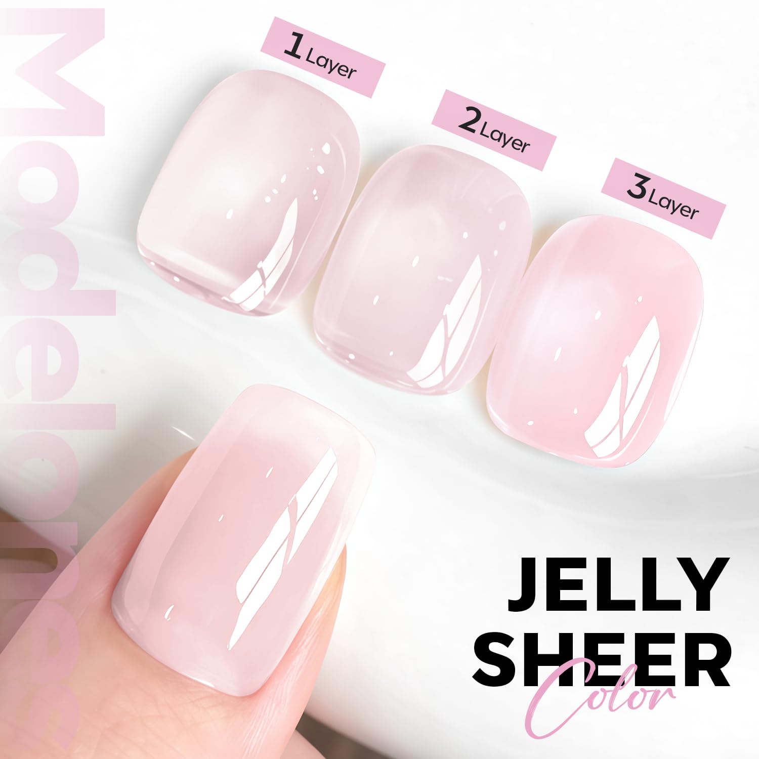 Modelones jelly nude pink polish brush application enables smooth at-home manicures