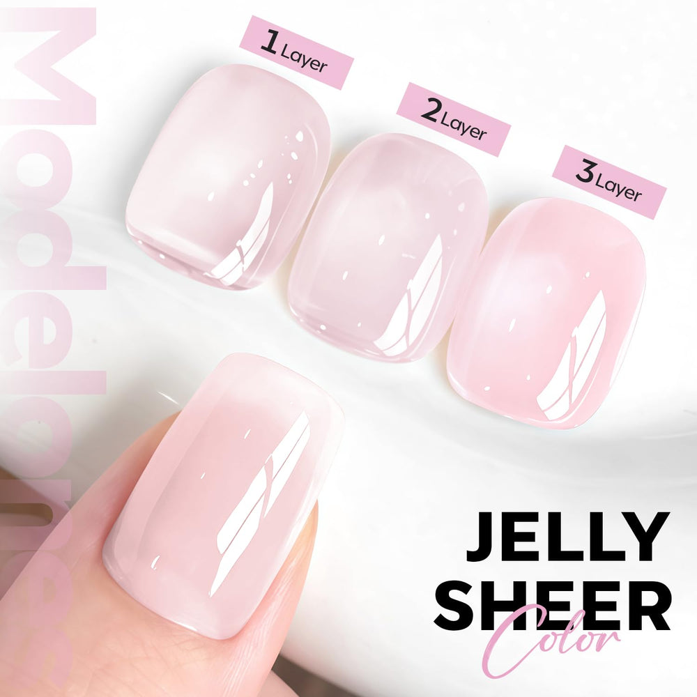 Modelones jelly nude pink polish brush application enables smooth at-home manicures