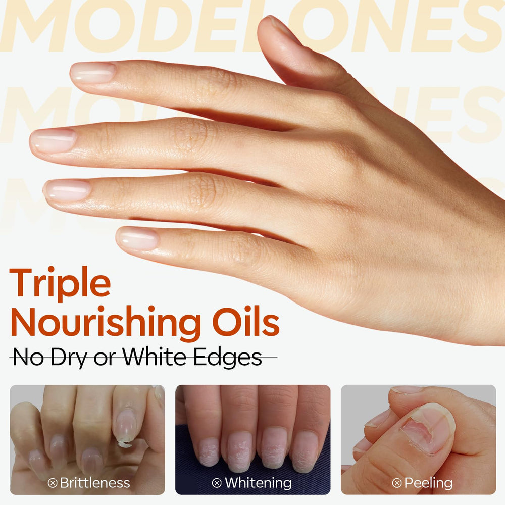 Modelones bottle close-up shows jojoba oil infusion for nourished nails during removal.