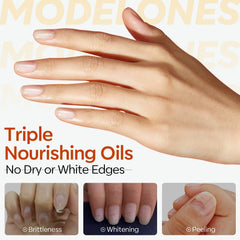 Modelones bottle close-up shows jojoba oil infusion for nourished nails during removal.