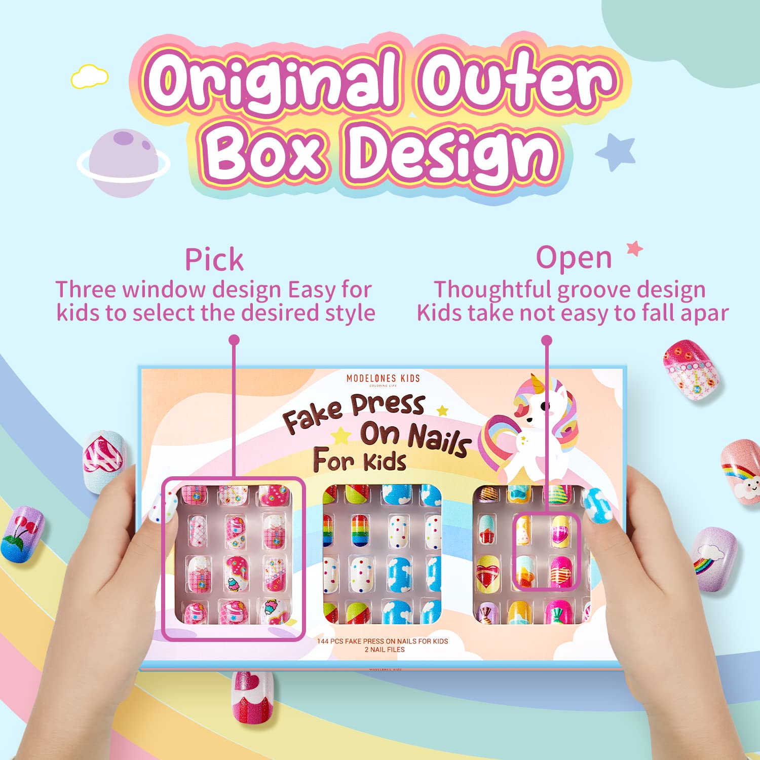 Modelones kids press-on nails rainbow candy colors for bright, playful nails.