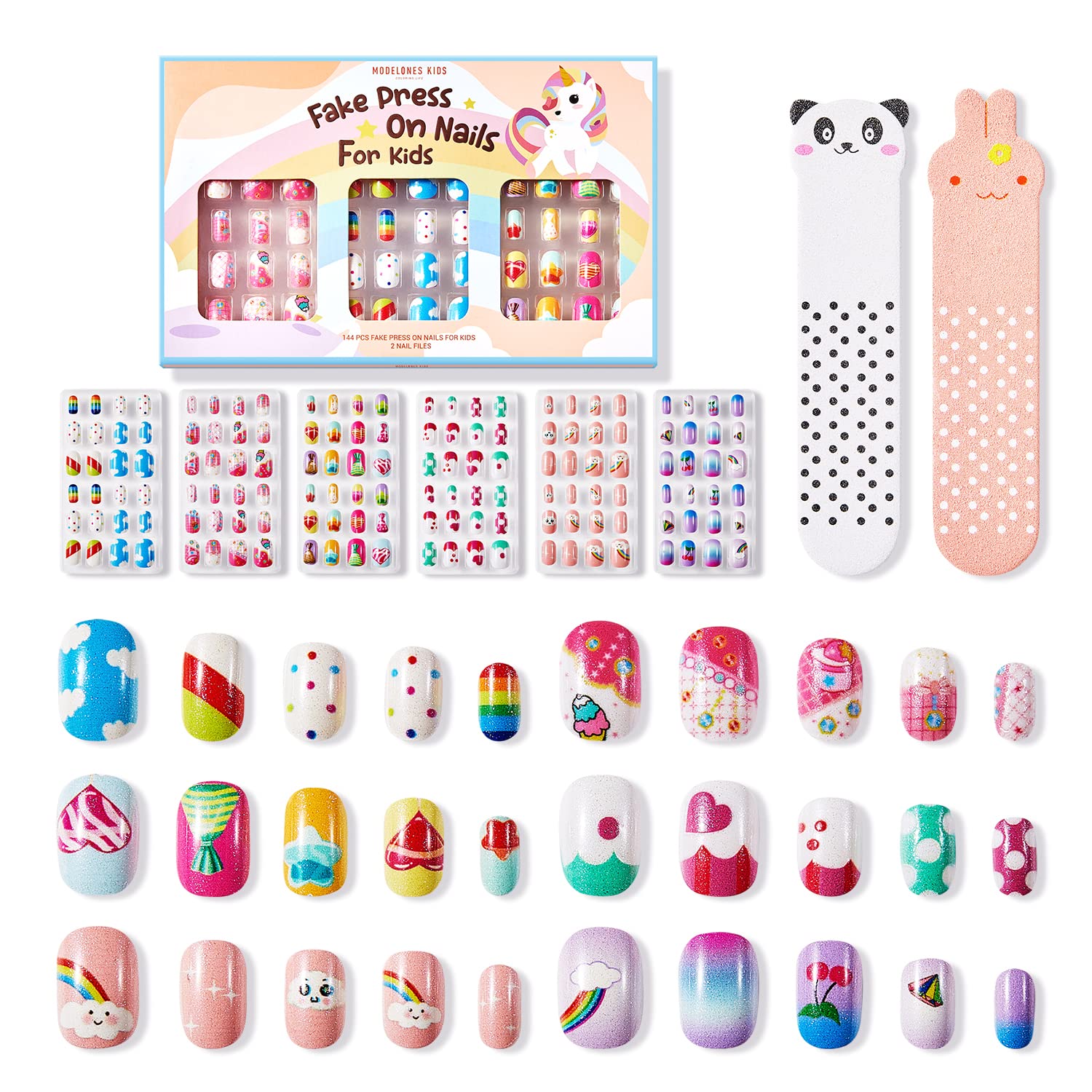 Modelones kids press-on nails various sizes fit every finger safely.