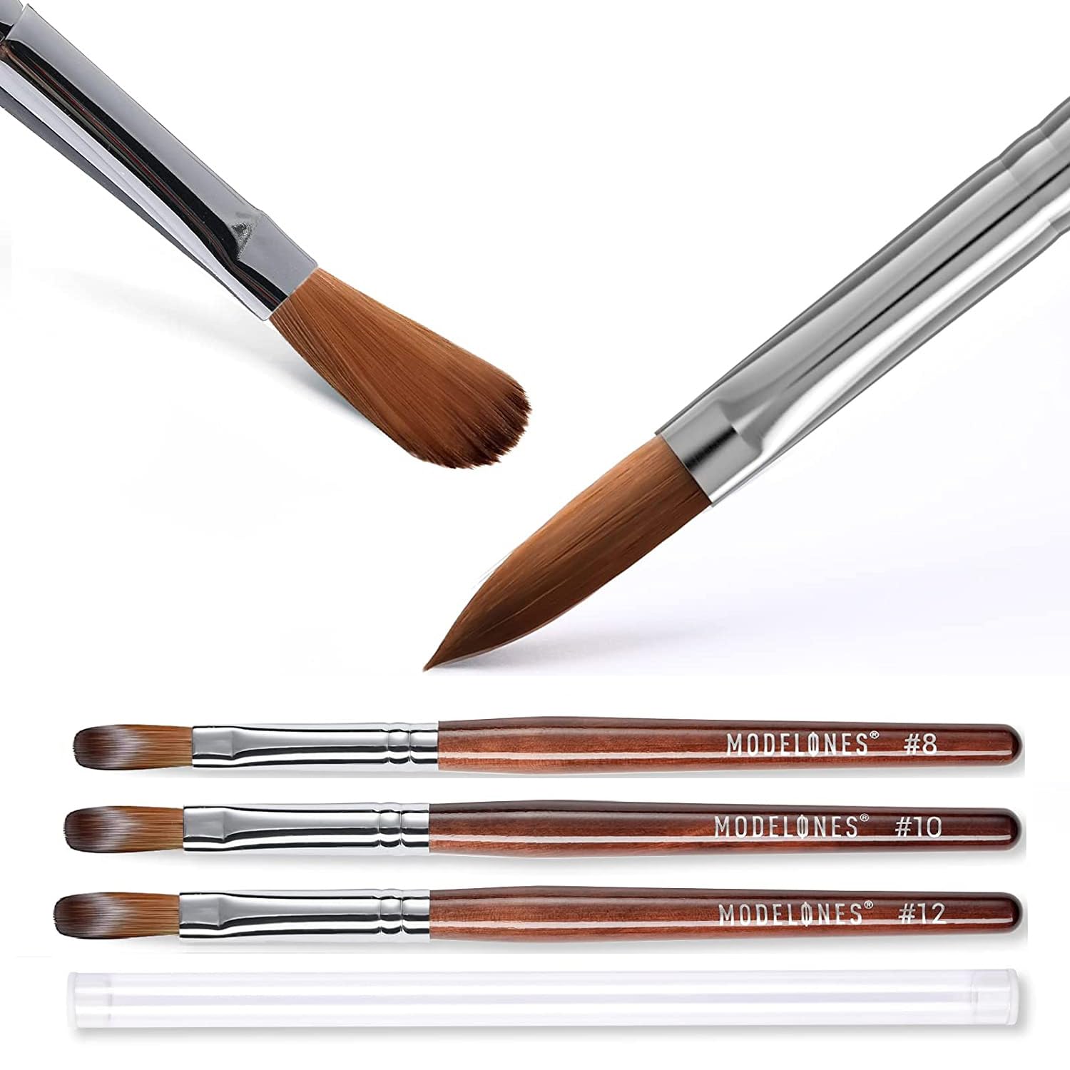 Modelones Kolinsky brush size 8 round for precise acrylic application on nails.