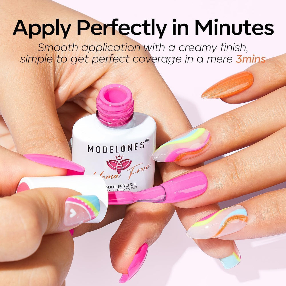 Modelones gel polish on nails curing under 60-second LED light for quick dry