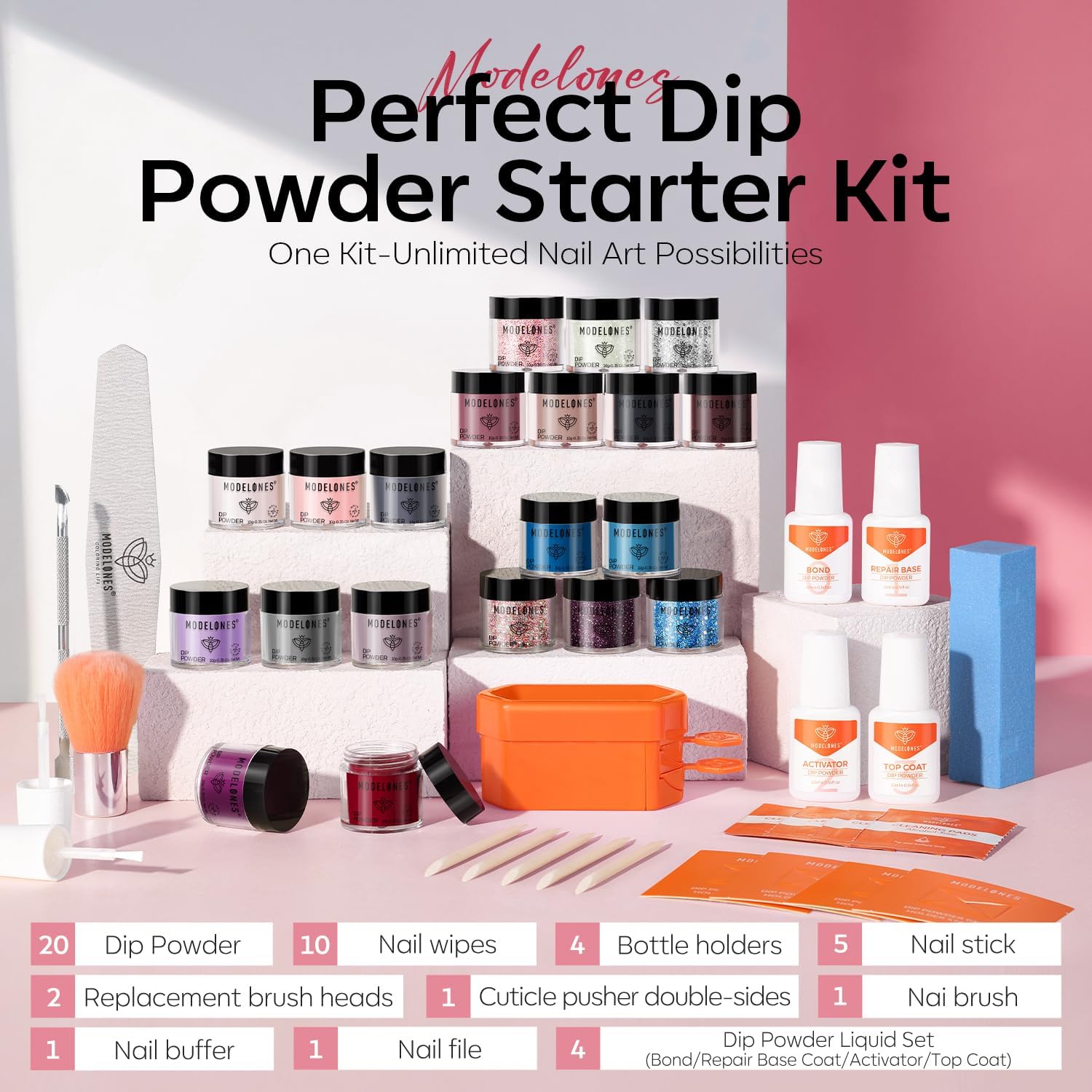 Modelones liquid set with bond, base, activator, and top for durable results.