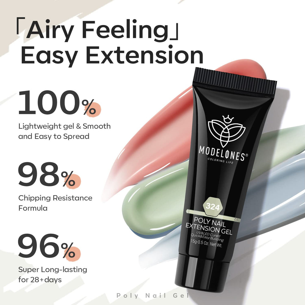 Modelones poly gel finish offers durable shine with proper curing.