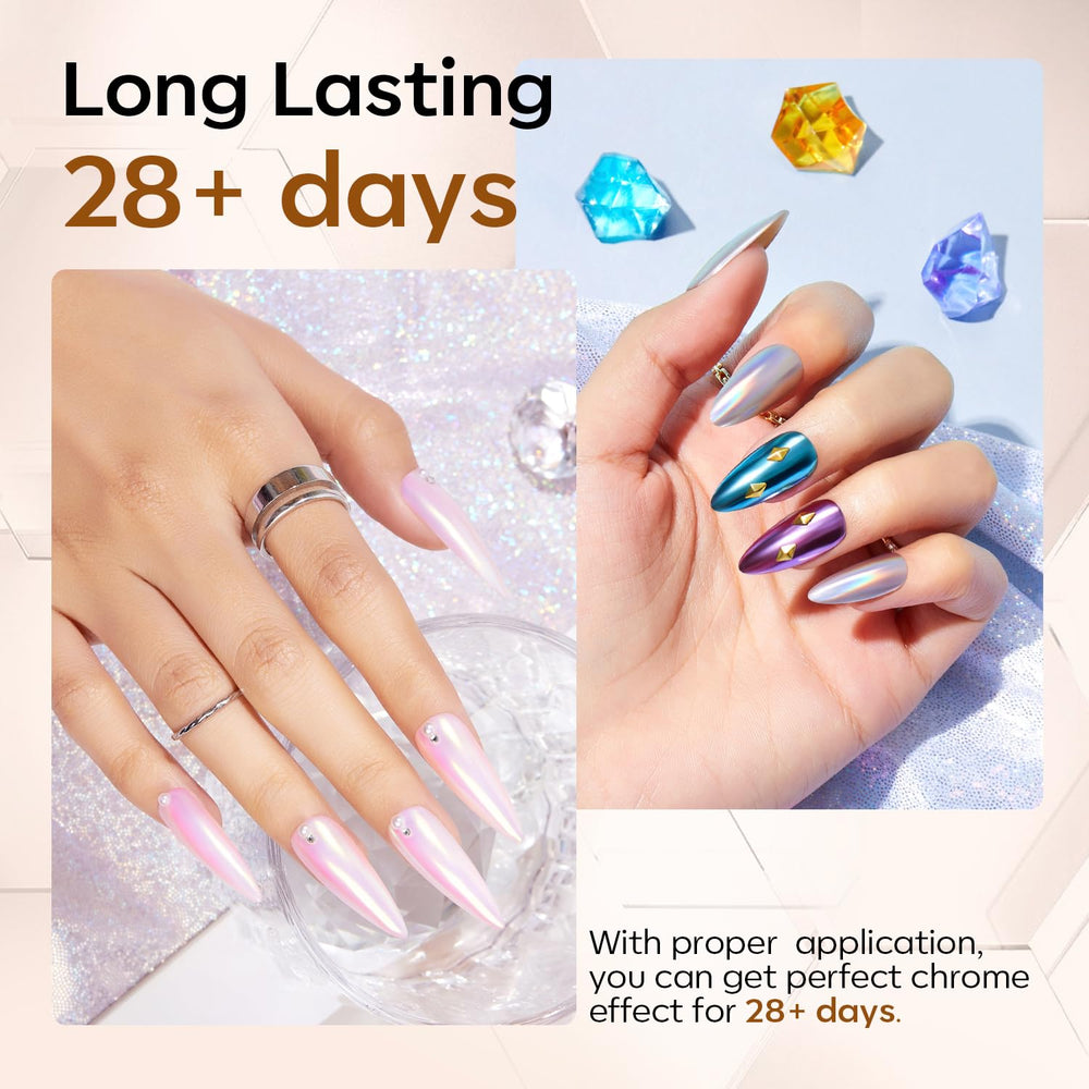 Modelones long-lasting shine demonstrated after 28 days on gel nails.