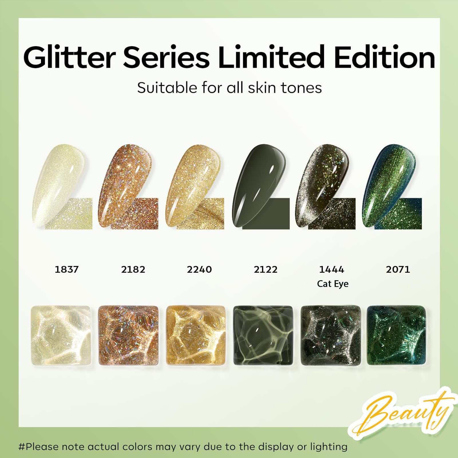 Modelones six-color gel polish collection swatch on nail for vibrant greens and gold.