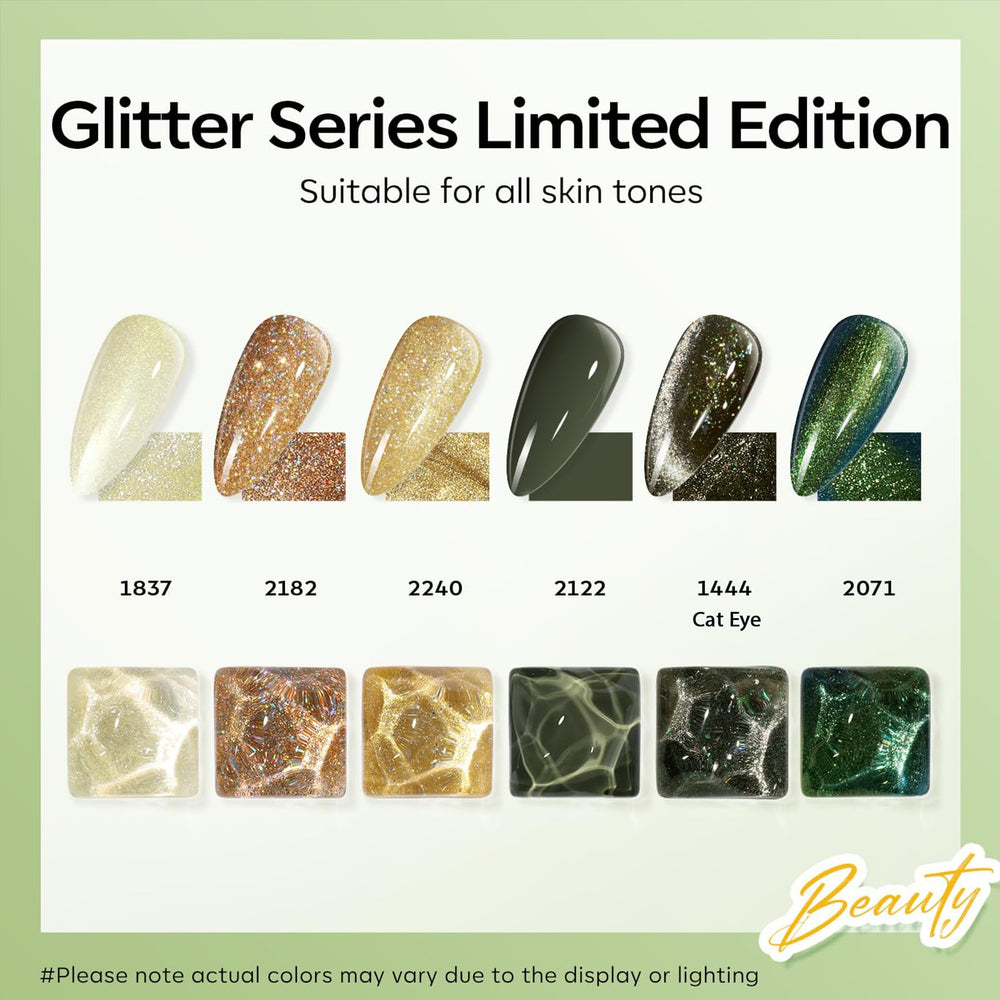 Modelones six-color gel polish collection swatch on nail for vibrant greens and gold.