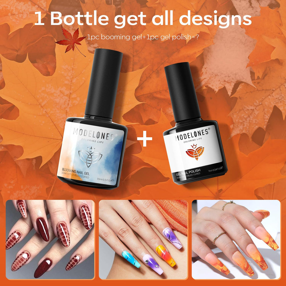 Modelones marble effect nails achieved with blooming gel for a natural stone look.