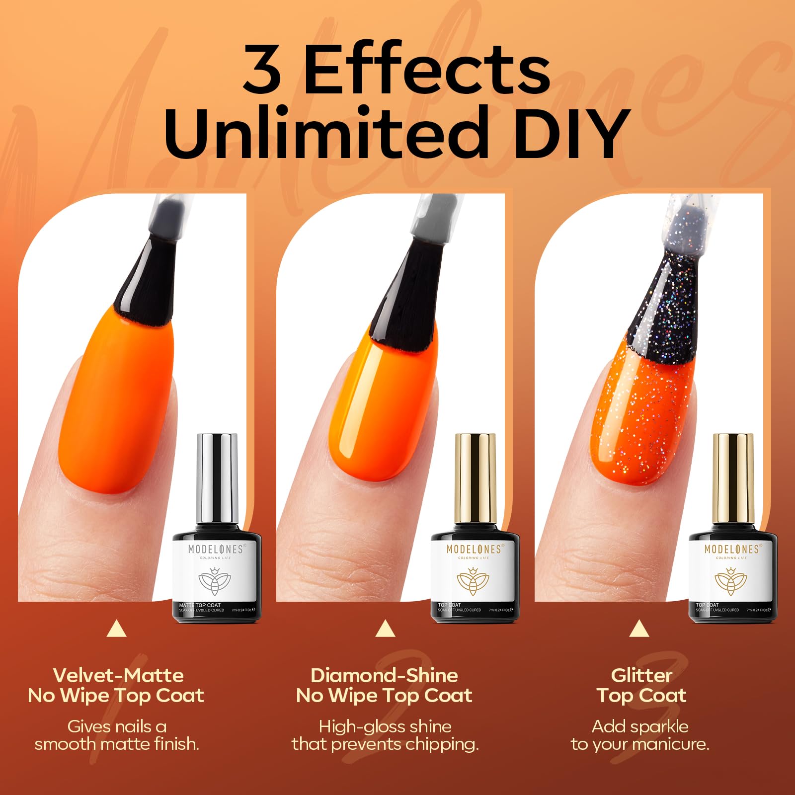 Modelones matte top coat delivers velvety, non-glossy vibe.