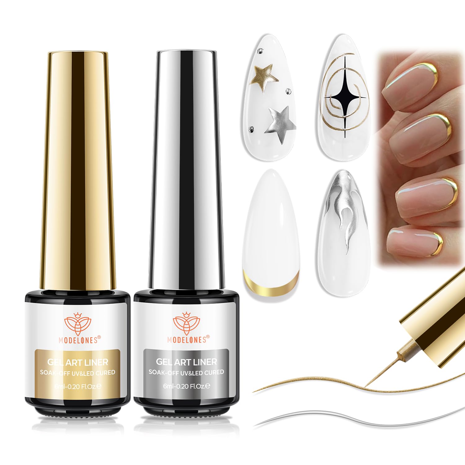 Modelones metallic gold gel liner swatch showing a sleek glittery accent for chic nails.