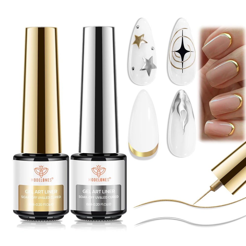 Modelones metallic gold gel liner swatch showing a sleek glittery accent for chic nails.