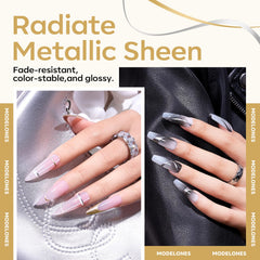 Modelones metallic silver gel liner swatch highlighting chrome shine for modern nails.