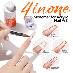 Modelones monomer liquid on a tidy vanity beside nail tools.