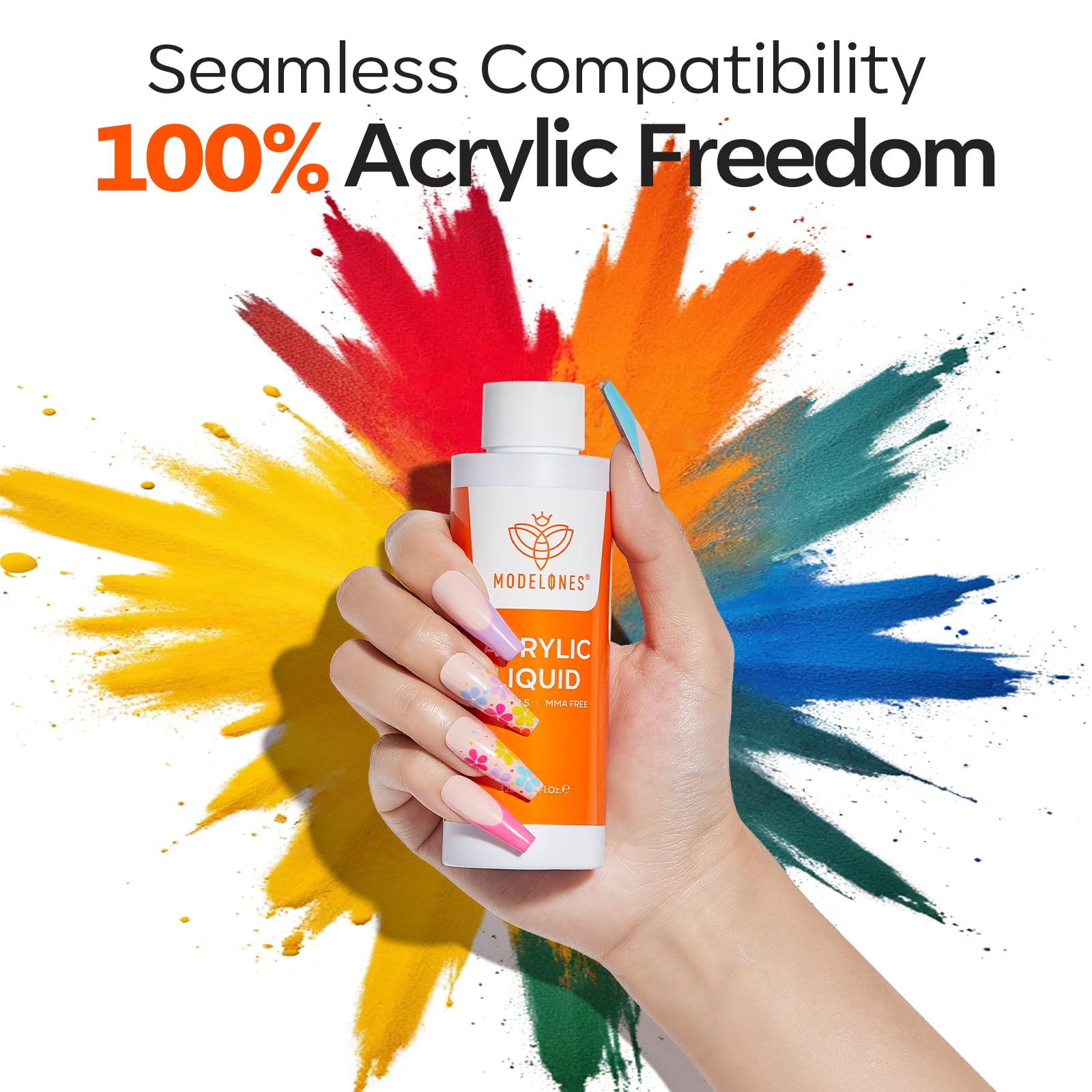 Modelones monomer liquid bottle shown in a bubble-free workspace.