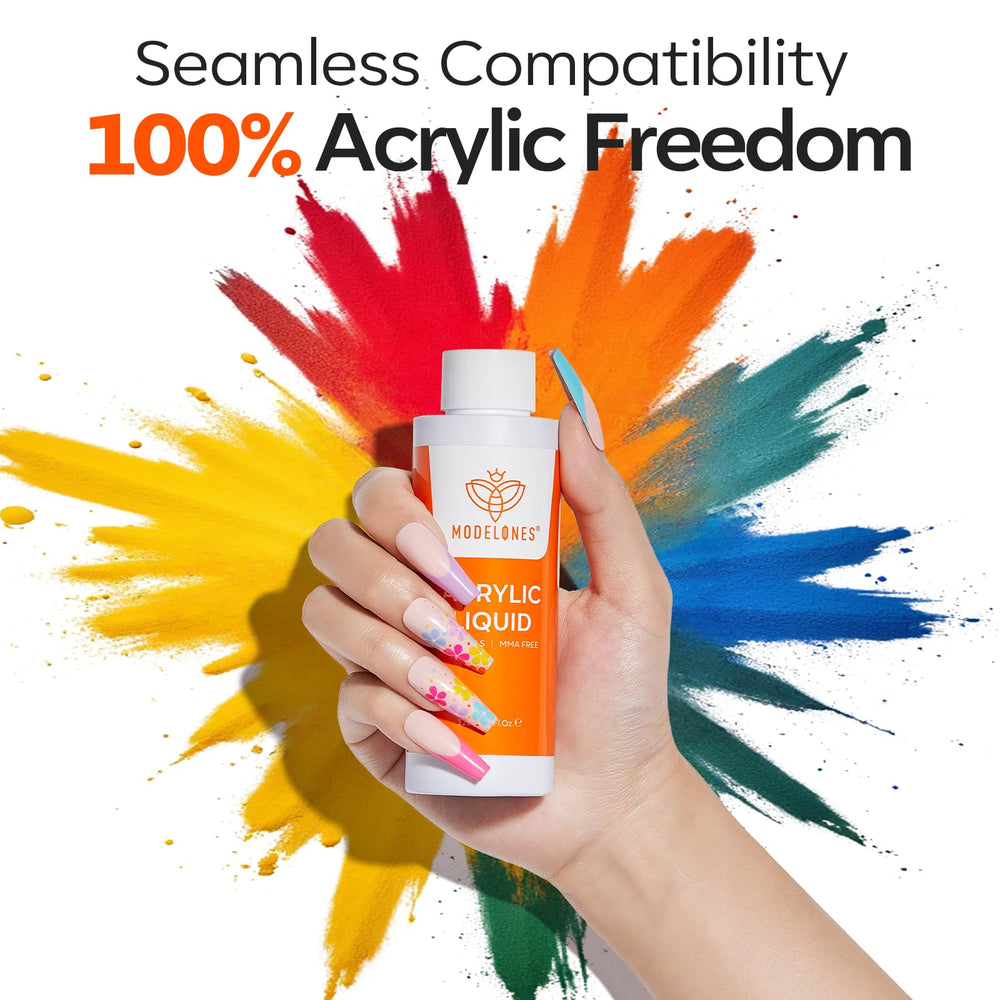 Modelones monomer liquid bottle shown in a bubble-free workspace.
