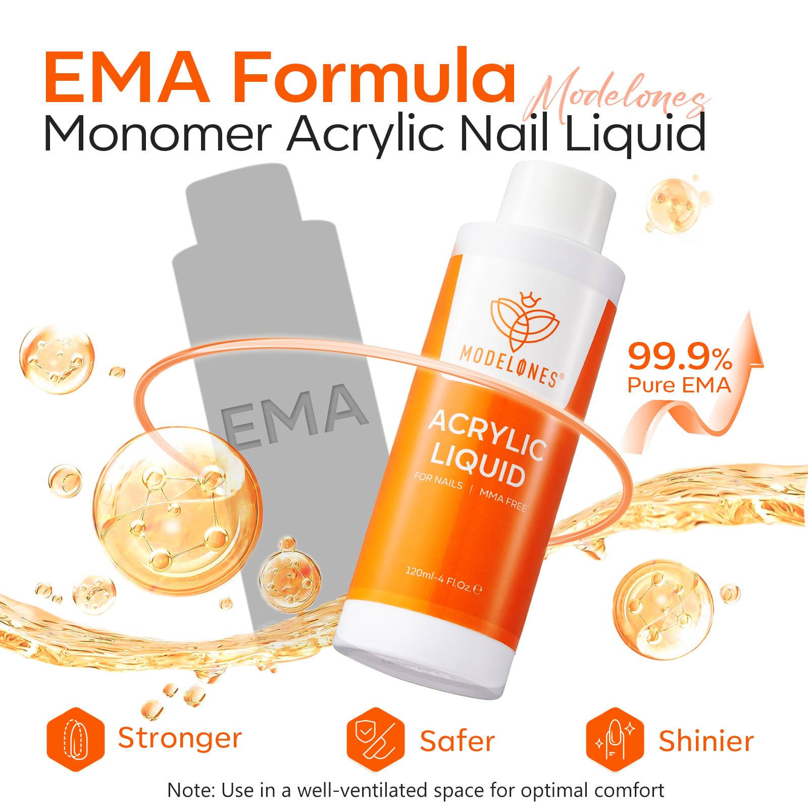 Close-up of Modelones monomer liquid label highlighting clarity and quality.