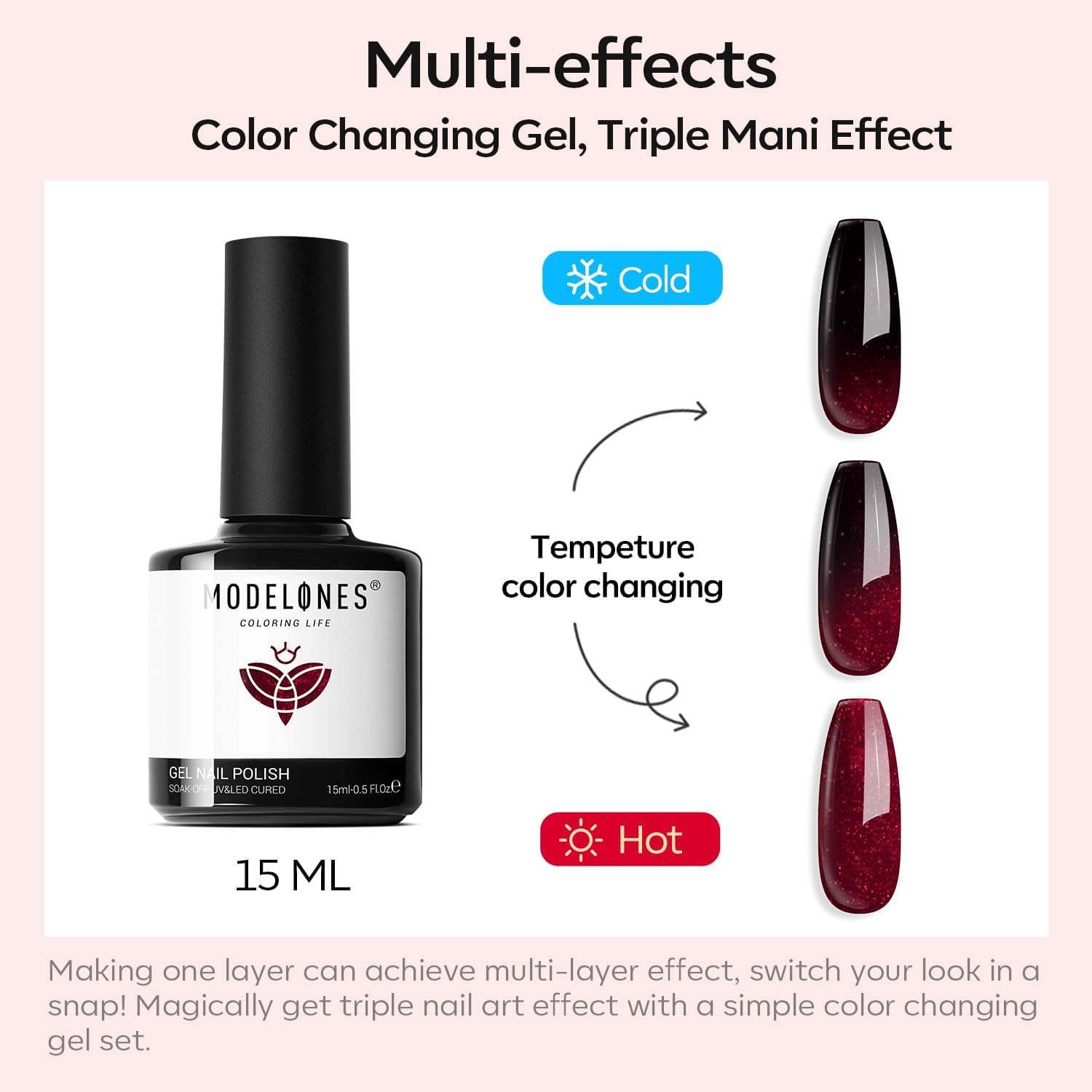 Modelones mood-change gel polish shows dual tone glitter for striking nails.
