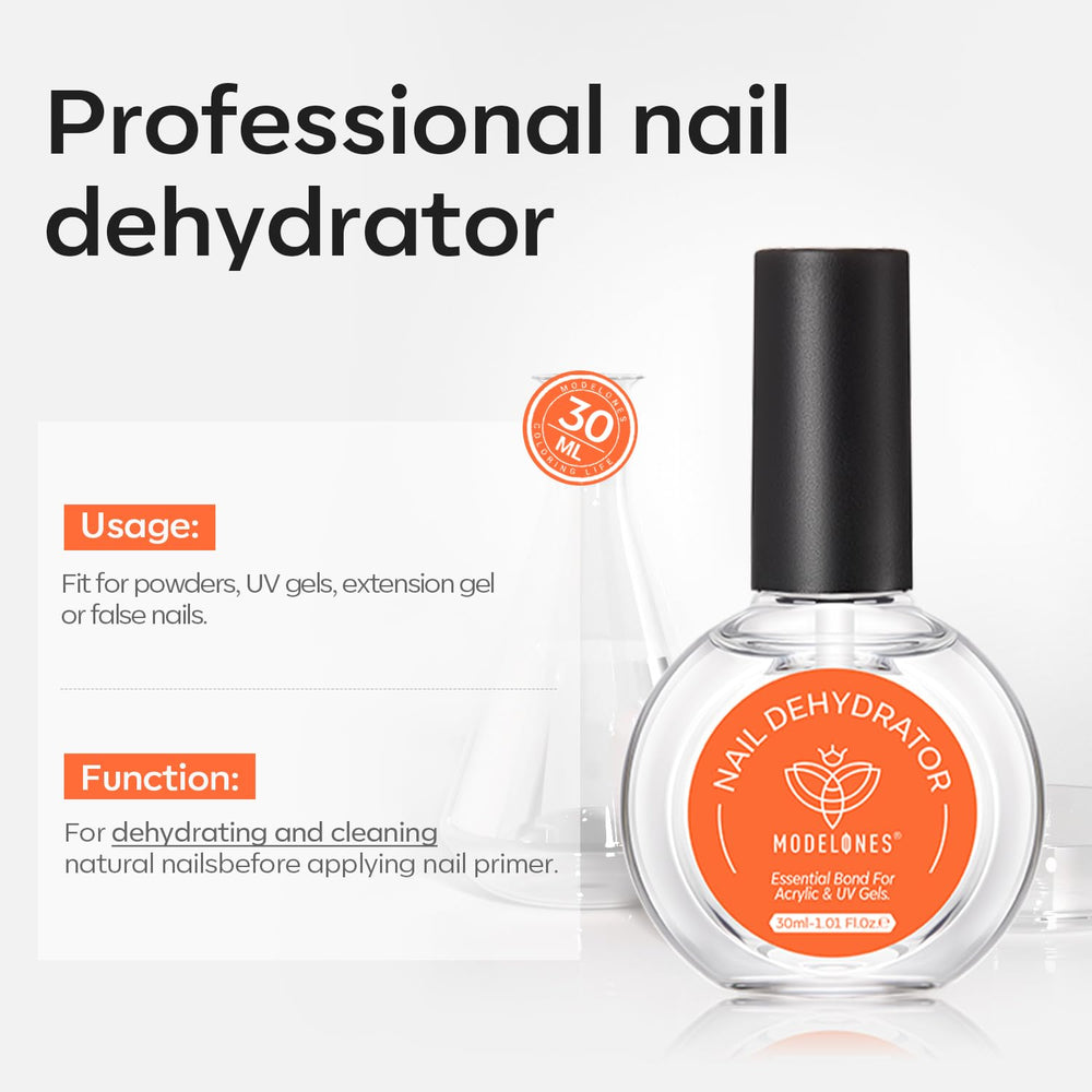 Close-up of Modelones Nail Dehydrator label with usage guidance