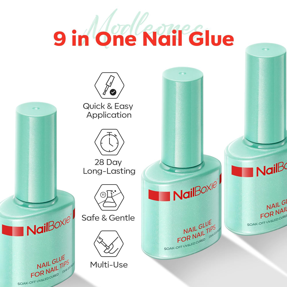 Modelones Nail Glue uv-led-cure shows fast setting under light for a flawless result.