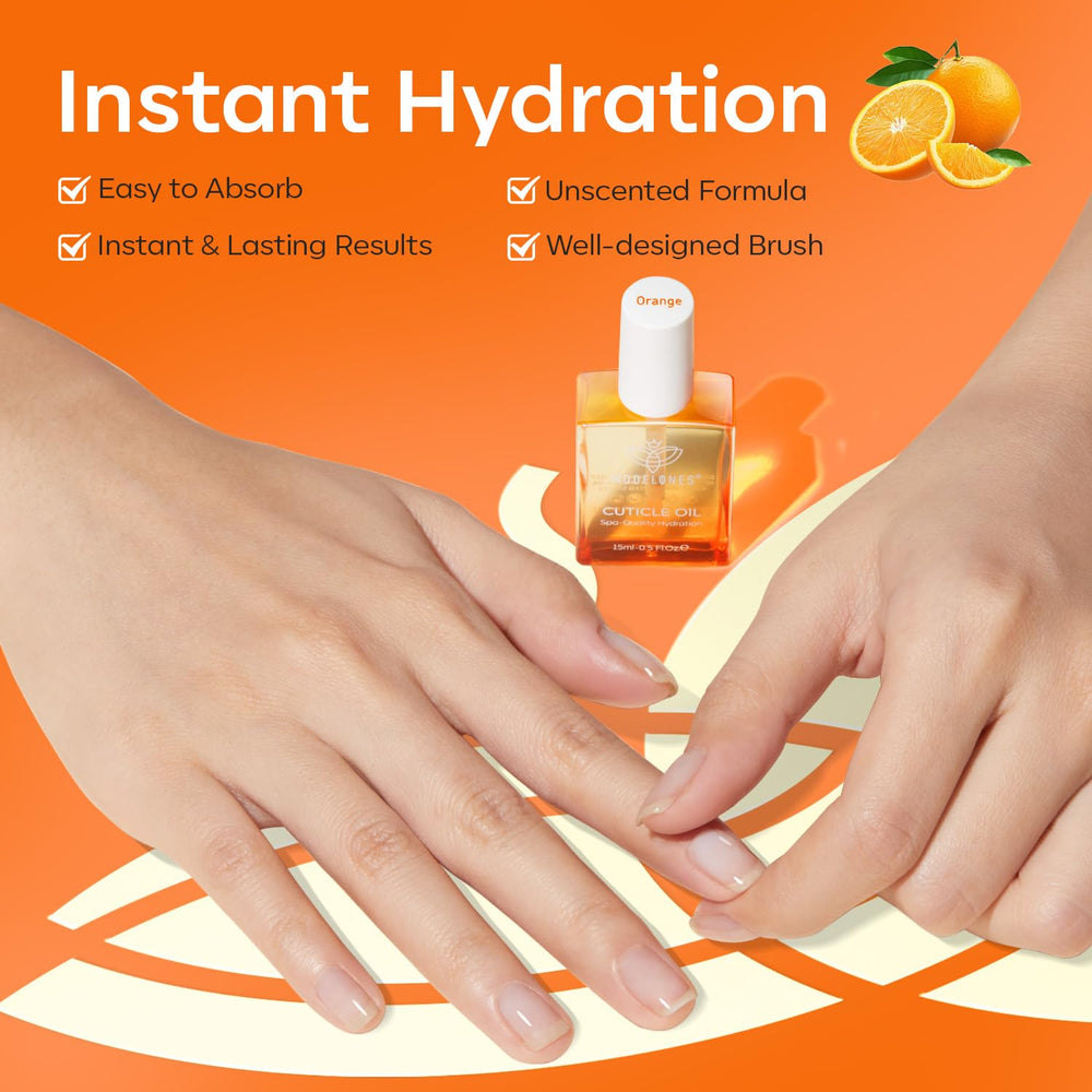 Modelones nail growth oil being applied with precision brush.