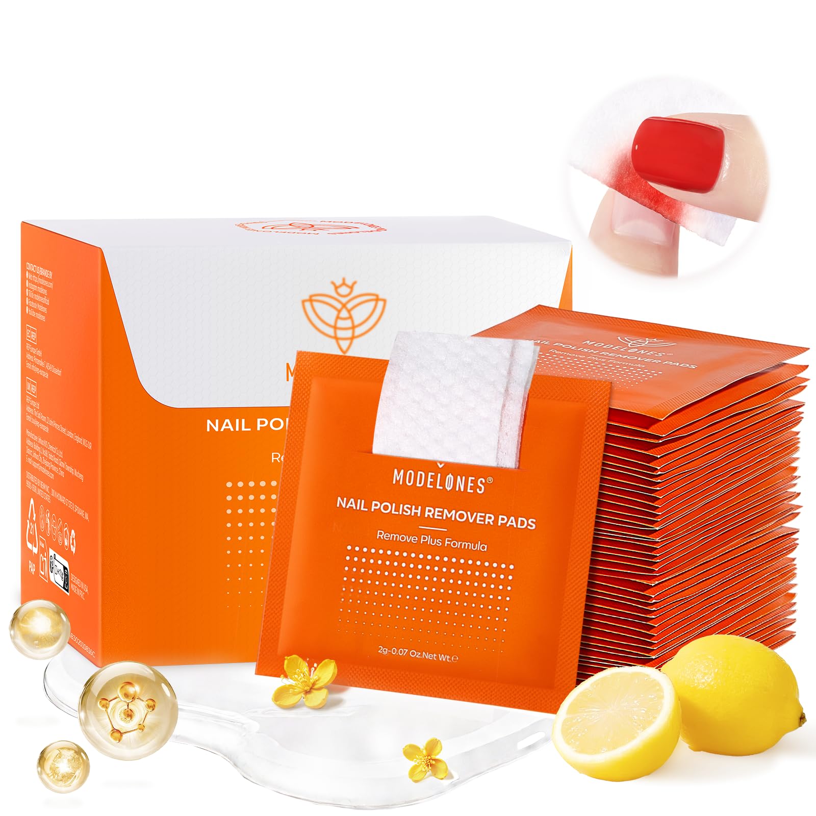 Modelones nail polish remover pads, individually wrapped for convenient travel and quick polish removal.
