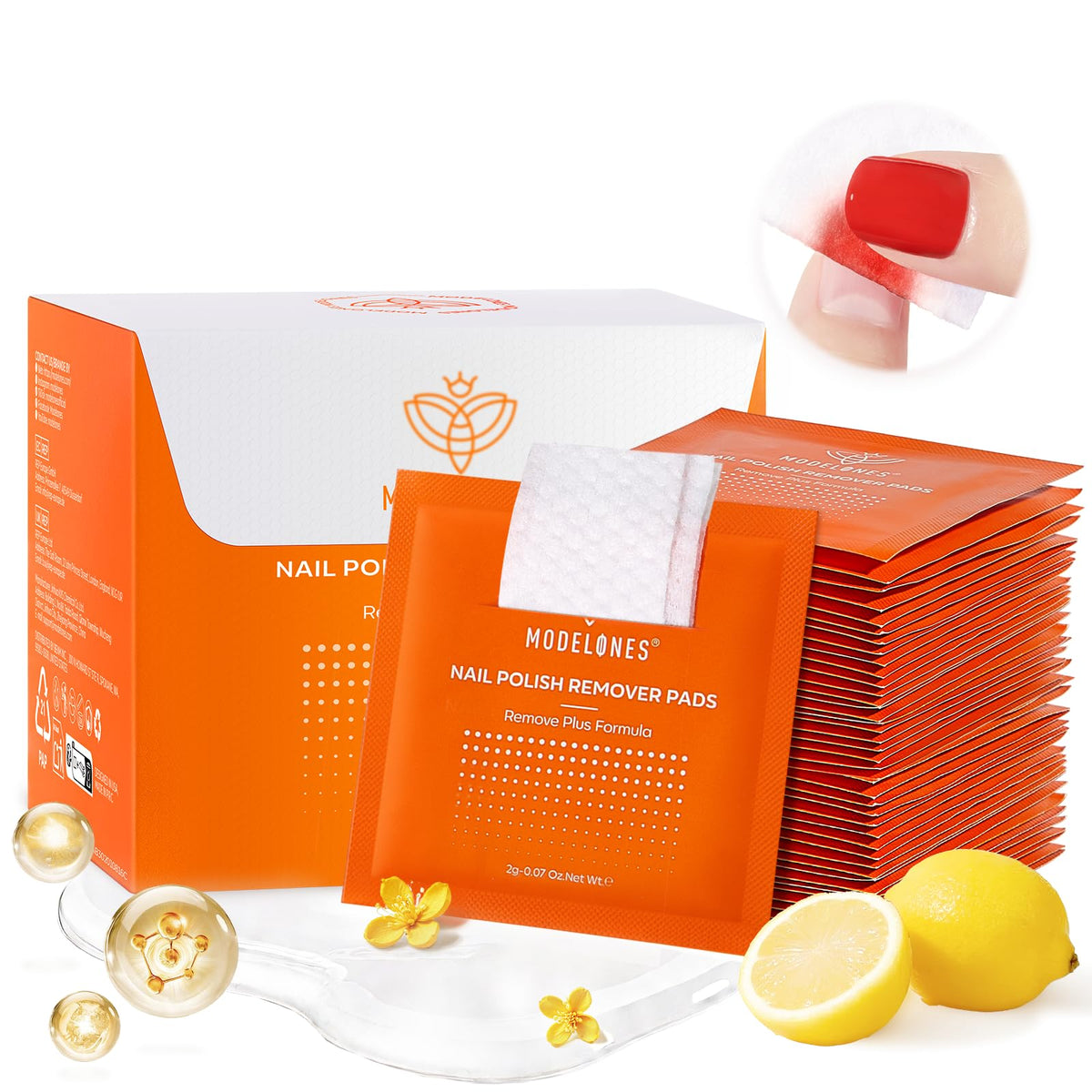 Modelones nail polish remover pads, individually wrapped for convenient travel and quick polish removal.