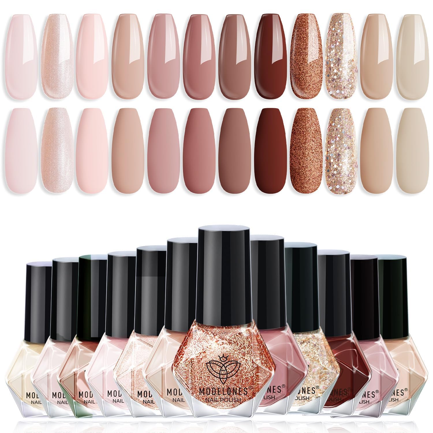 Modelones 12-color nail polish set, front view, versatile for daily wear and events