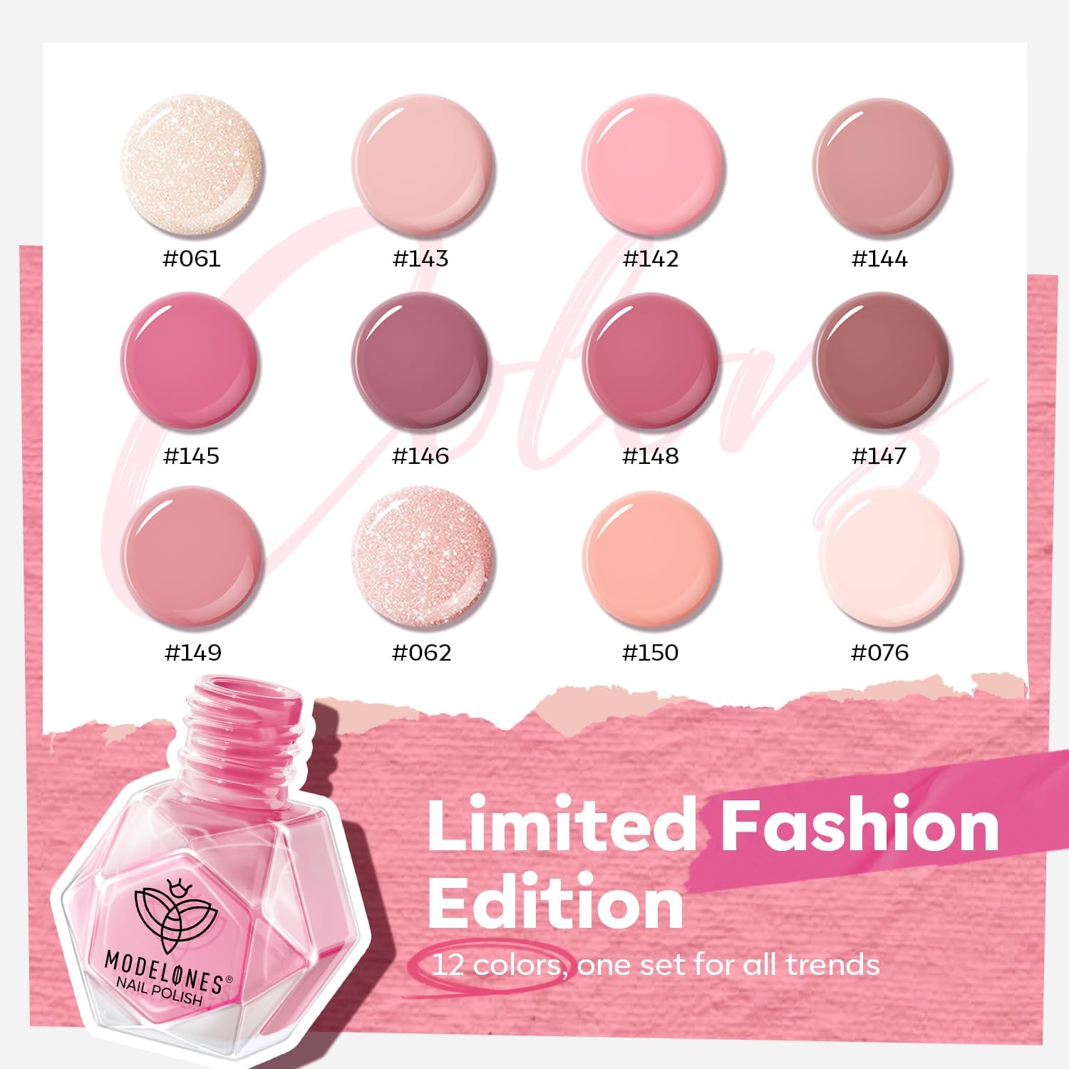 Modelones swatch soft pink with a hint of glitter.