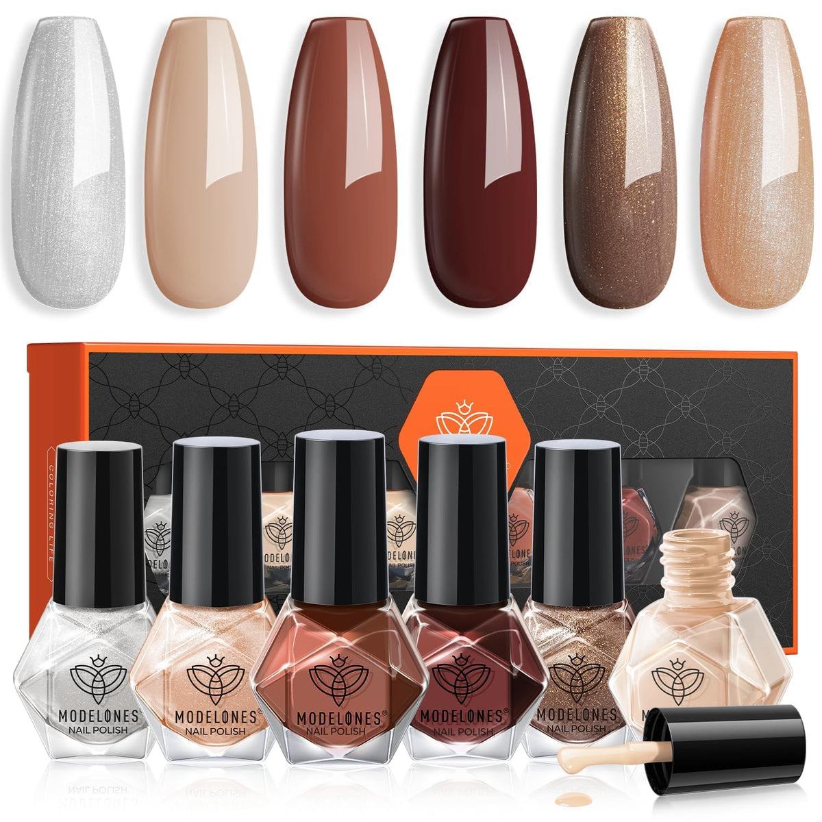 Modelones nail polish set brown nude glitter bottle shown for versatile looks.