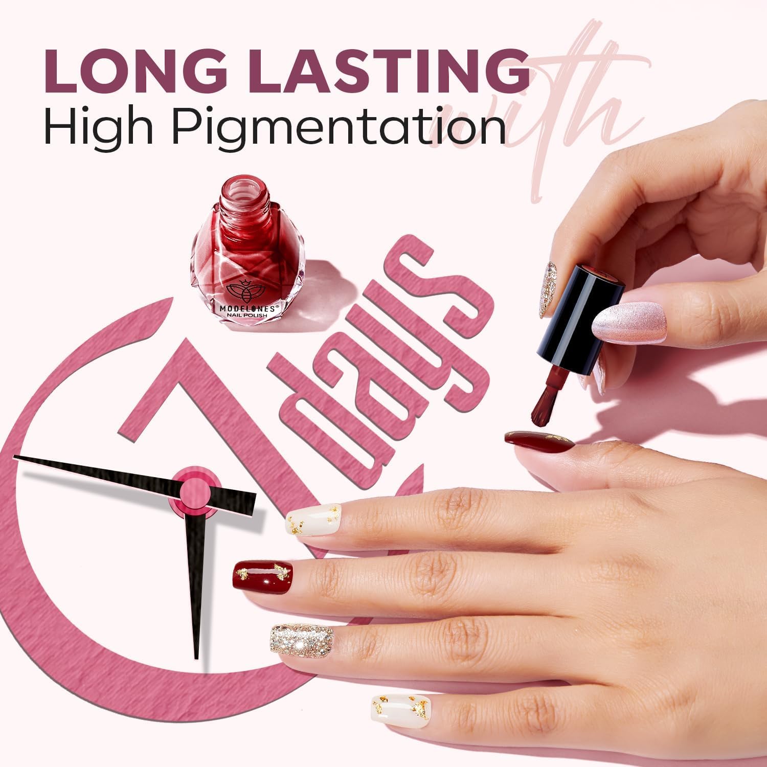 Modelones deep red polish for sophisticated nails.