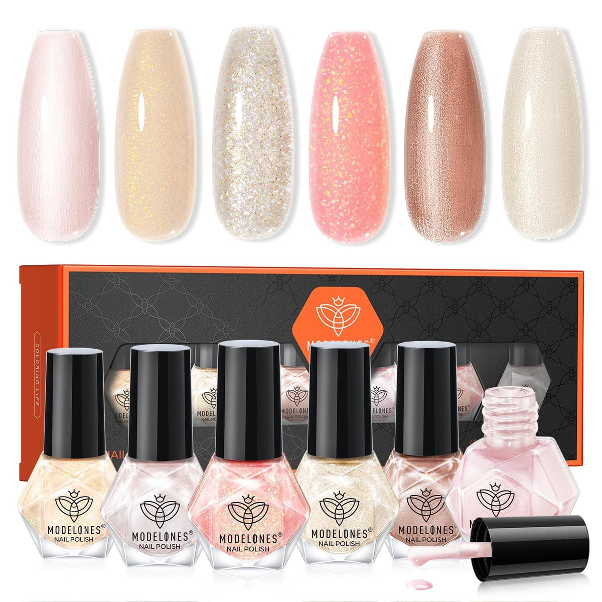 Modelones pearl white bottle from the six-shade set for a lasting, glossy manicure.