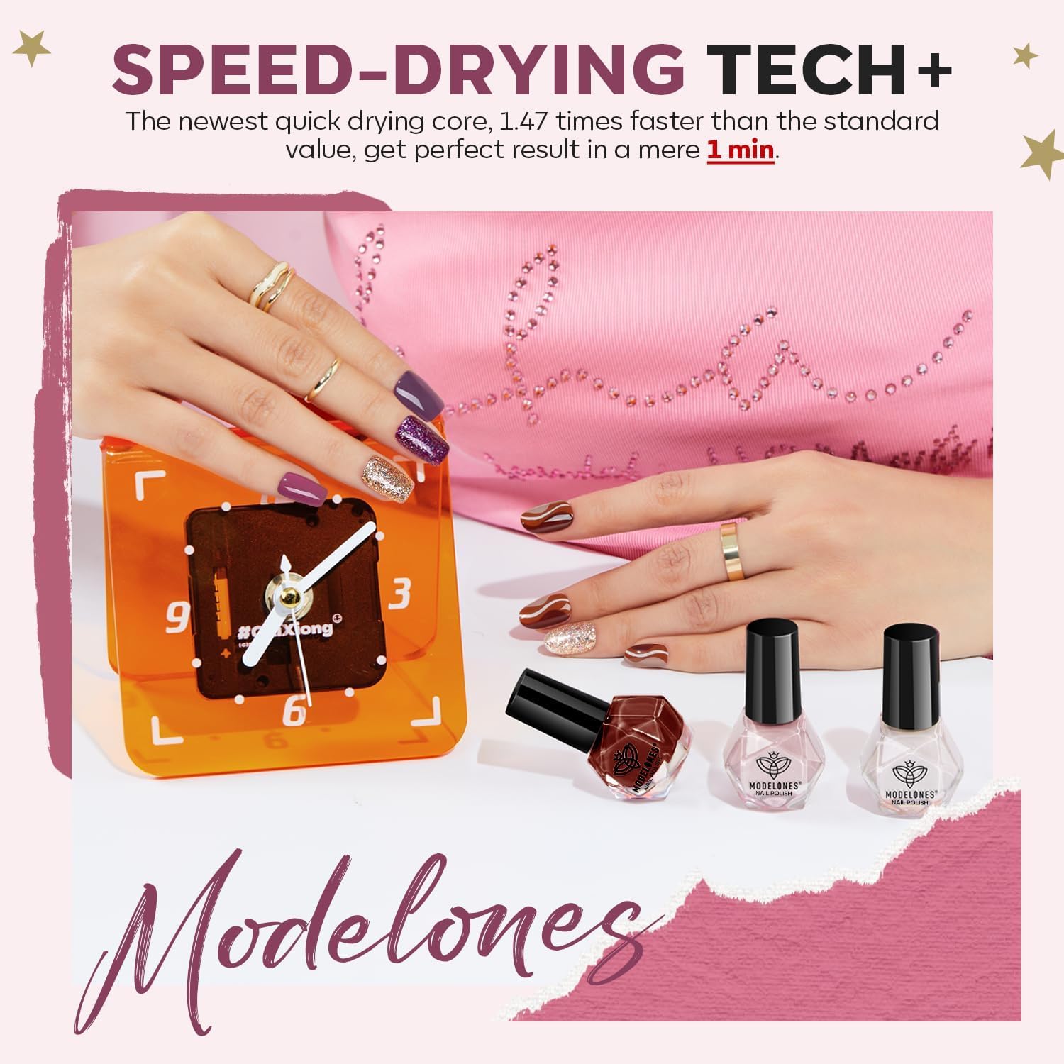 Modelones purple shimmer polish for bold accent nails.