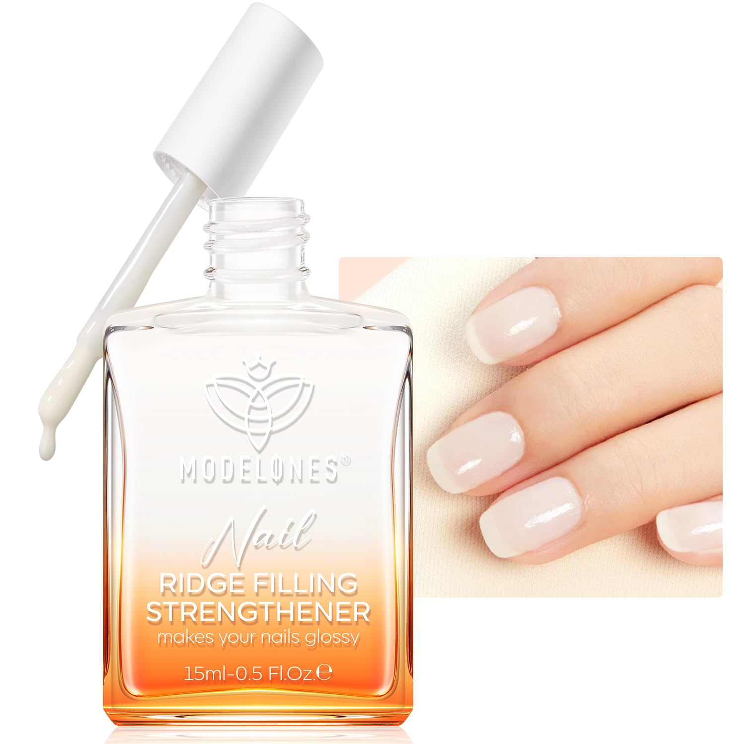 modelones nail-strengthener milky white bottle shows stronger nails over time