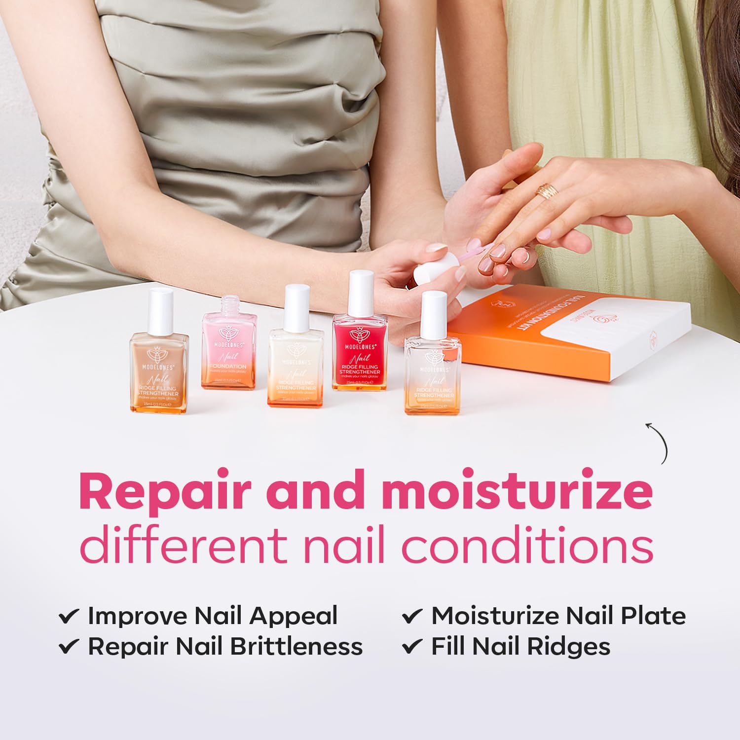 modelones nails on fingers demonstrate a glossy, strengthened appearance
