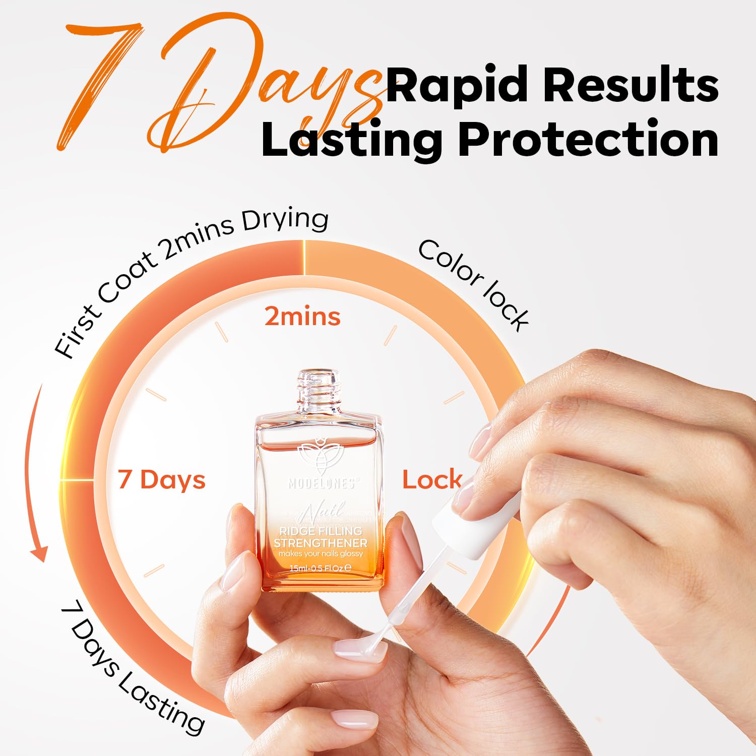 modelones clear finish with natural tint on nails for a polished look.